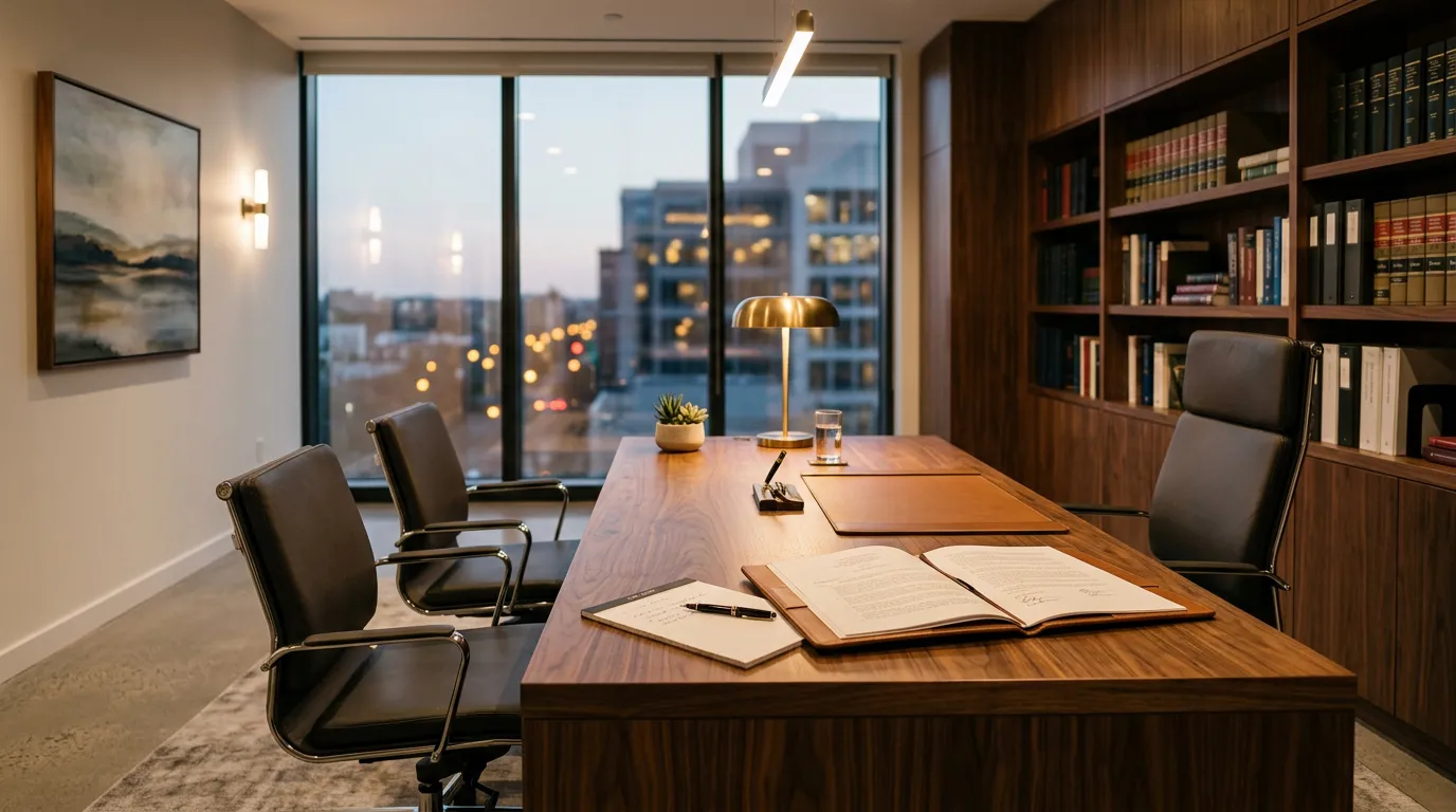 Professional modern law office interior, wooden desk with open legal documents and notepad, soft warm lighting, empty chairs, professional atmosphere