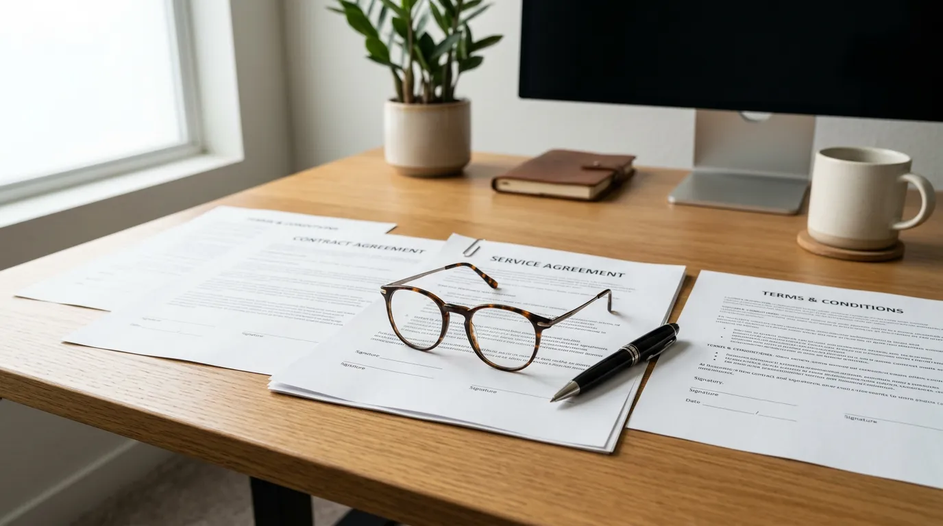 Business contract documents spread on clean desk with pen and reading glasses, neutral soft lighting, professional workspace
