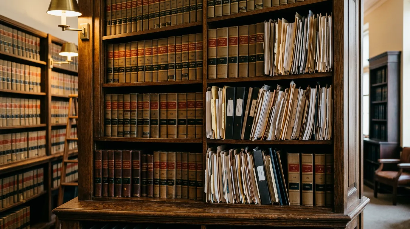 Law library shelf with bound legal reference books and case files, organized professional setting, warm lighting