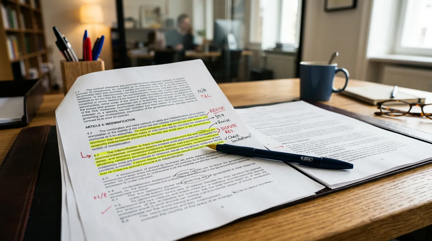 Close-up of contract pages with annotations and review marks, pen highlighting text sections, professional office environment