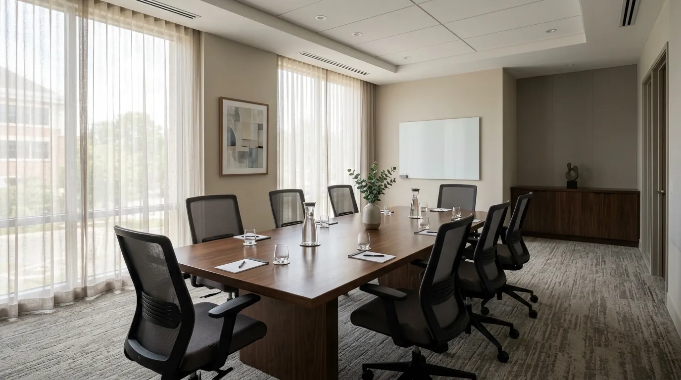 Empty professional mediation or conference room with table and chairs, neutral calm atmosphere, soft natural lighting